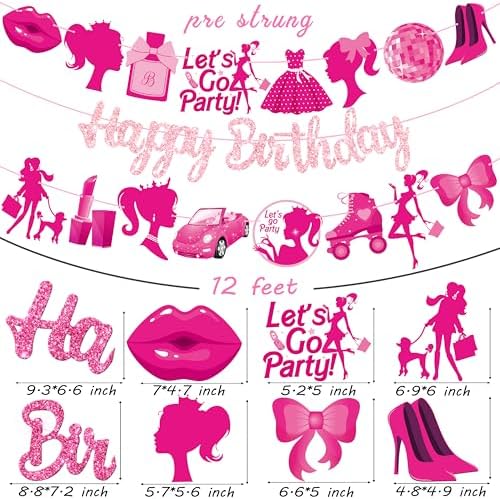 3 Pcs Hot Pink Girl Birthday Banners Decorations