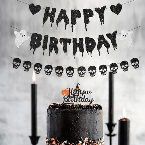 Black Glitter Halloween Birthday Banner with Skull and Heart