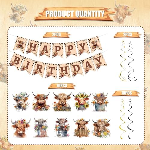 Highland Cow Birthday Decorations 16PCS Banners Hanging Swirls