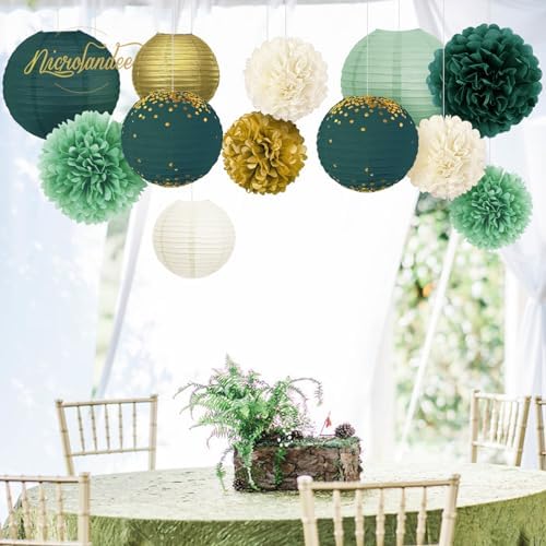 NICROLANDEE Green Tissue Pom Poms and Lanterns Decor Kit