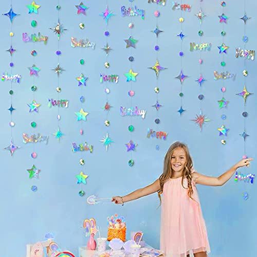 Iridescent Happy Birthday Garland Circle Dots Stars