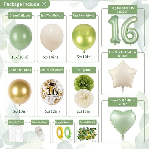 Sweet 16 Birthday Decorations Set Green Gold