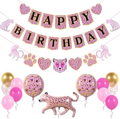 Pink Cheetah Birthday Banner with Decorations