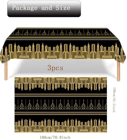 3pcs Roaring 1920s Black Gold Tablecloths for Party Decorations