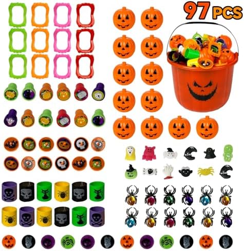 Novelinks Halloween Party Favors 96PCS Plastic Pumpkin Bucket Toys Set