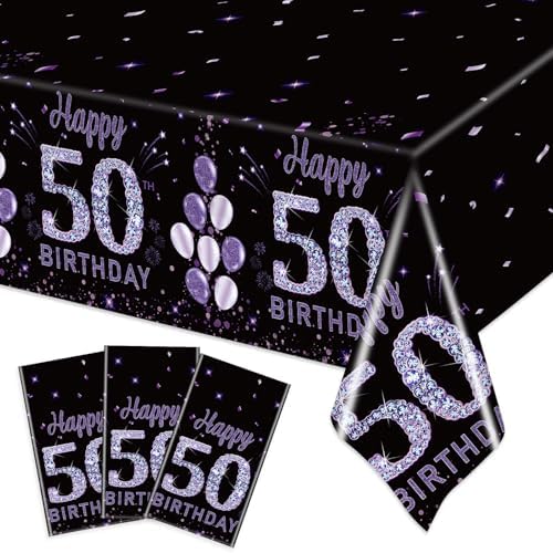 Ganeen 3 Pack Birthday Tablecloth Purple Black 50th Birthday Decorations
