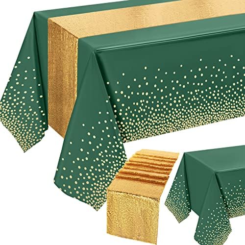 Tudomro Glitter Tablecloth and Sequin Table Runner Set Green Gold