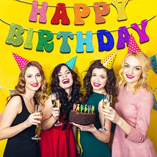 Pre-Strung Rainbow Happy Birthday Banner - Glitter Garland Decor