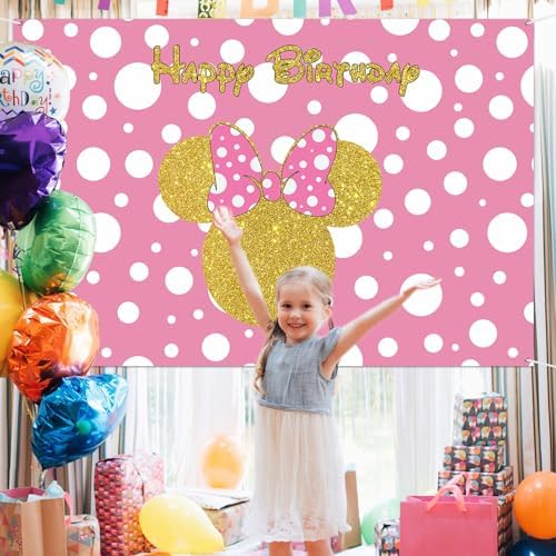 Happy Birthday Mouse Girl Themed Backdrop Pink Cartoon Party Decorations