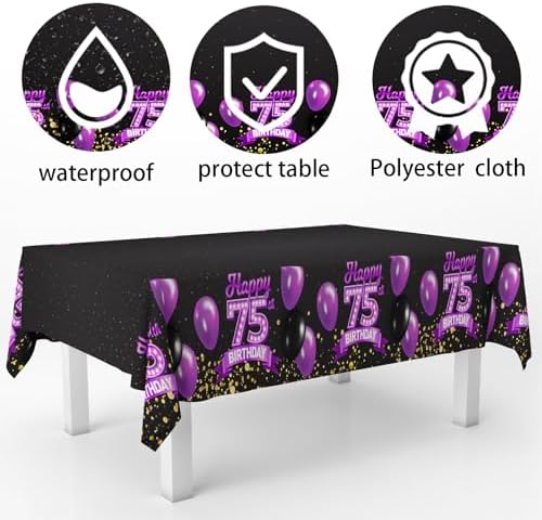 75th Birthday Tablecloth Purple Black Rectangle 53x104 Inches