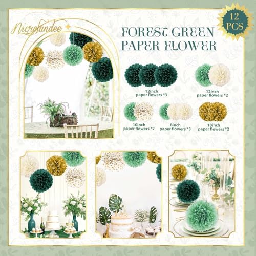 NICROLANDEE Green Tissue Pom Poms - 12PCS for Weddings and Parties