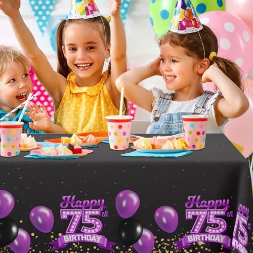 75th Birthday Tablecloth Purple Black Rectangle 53x104 Inches