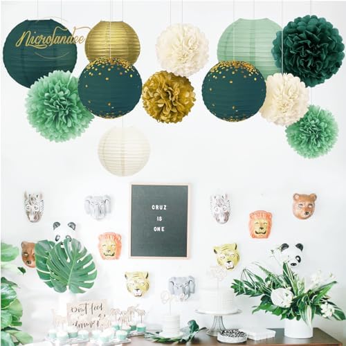 NICROLANDEE Green Tissue Pom Poms and Lanterns Decor Kit