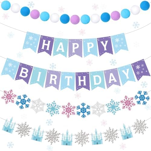 5 Pcs Snowflake Birthday Banner Set with Felt Castle Decorations