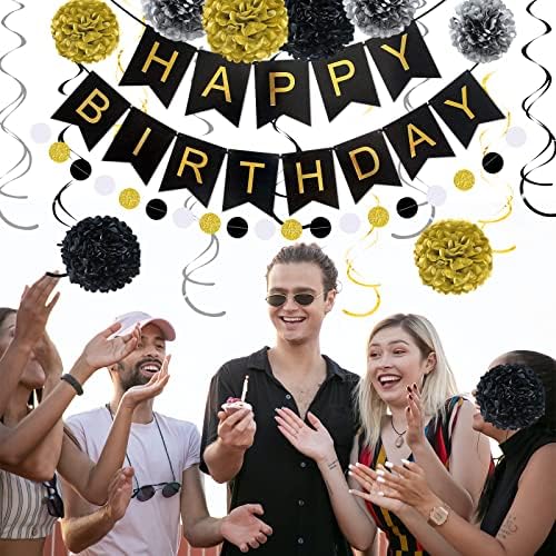 Black and Gold Happy Birthday Banner with Pom Poms and Garland