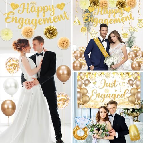 Gold Engagement Party Decorations Set with Balloons and Swirls