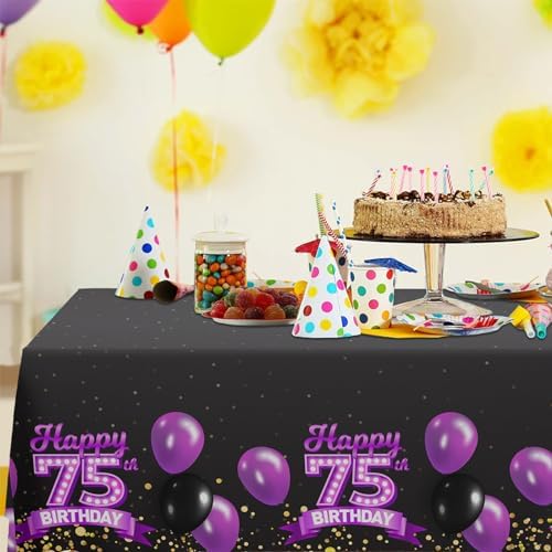 75th Birthday Tablecloth Purple Black Rectangle 53x104 Inches