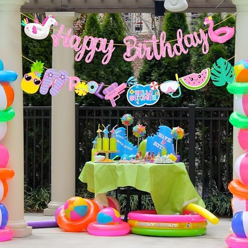 Pool Birthday Party Banners 2pcs Glitter Pink Hawaii Decorations