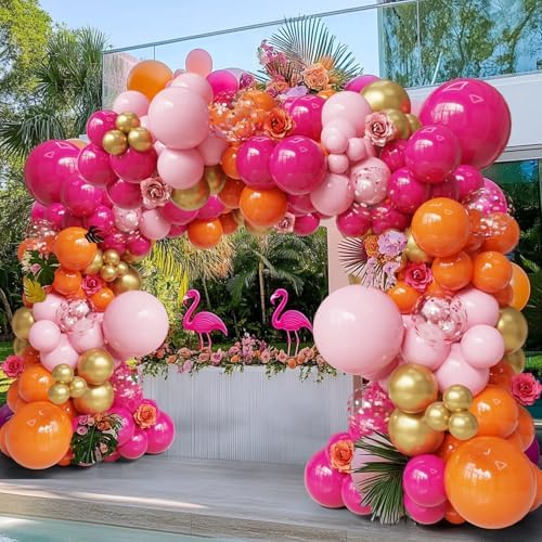 ECEAE Pink Orange Balloon Garland Kit with Hot Pink Gold Confetti Balloons