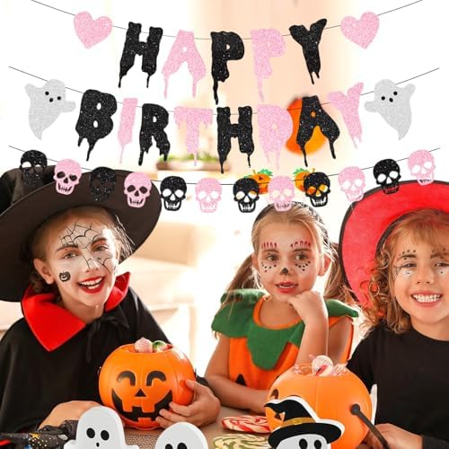 Pink Glitter Halloween Birthday Banner with Skull Heart Design