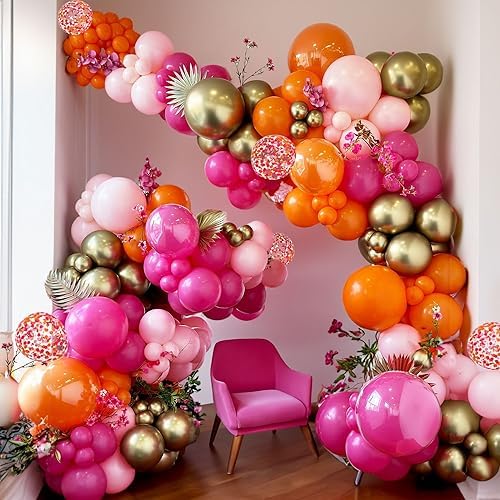 ECEAE Pink Orange Balloon Garland Kit with Hot Pink Gold Confetti Balloons