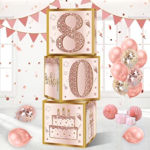 3Pcs Pink Rose Gold 80th Birthday Balloon Boxes Party Decor