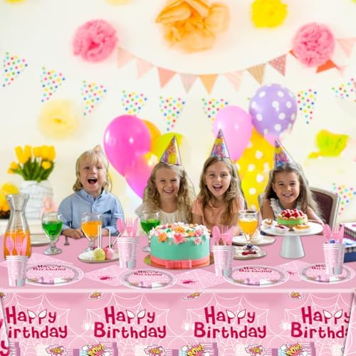 OU RUI 81 Pcs Pink Spider Party Tableware Set
