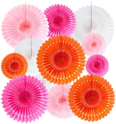Hot Pink Orange White Tissue Paper Fans 12 Count