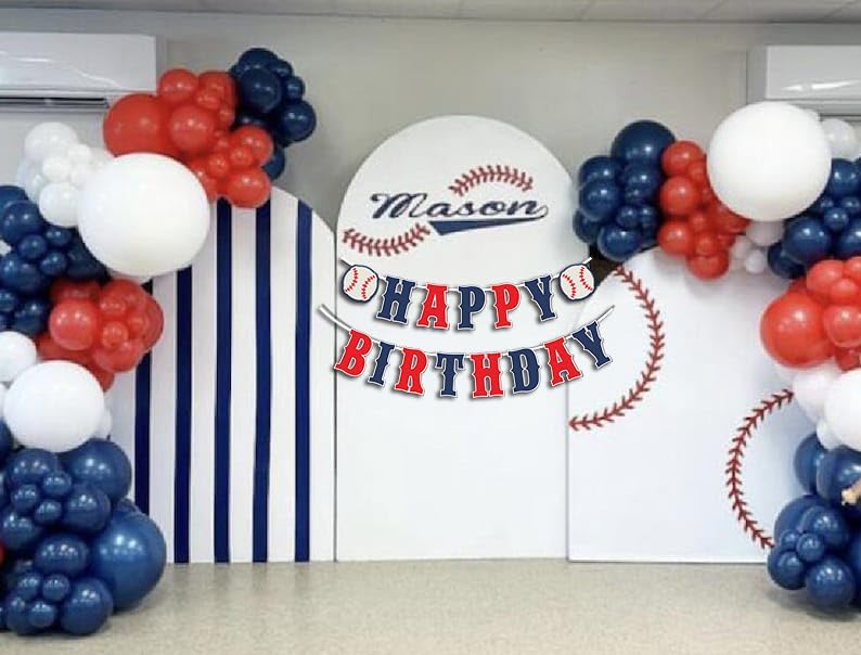Baseball Birthday Banner Set Navy Blue Red White