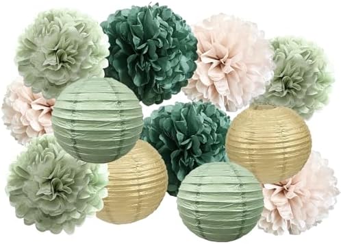 Hanging Party Decorations Tissue Pom Poms and Lanterns Backdrop