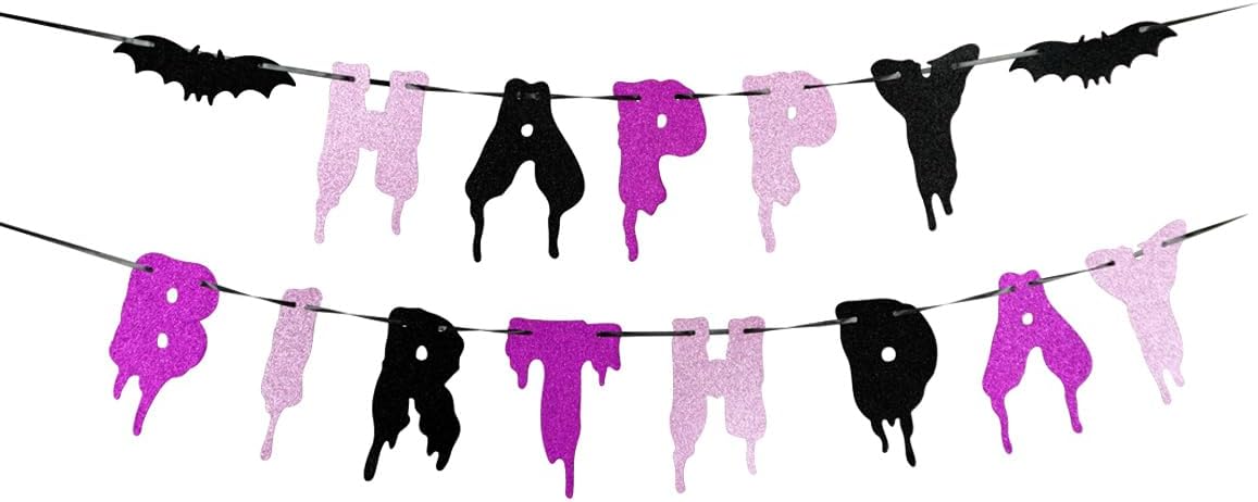 Happy Birthday Halloween Banner with Glitter Bats