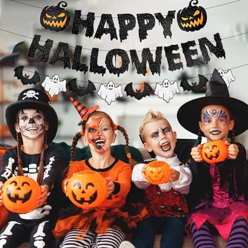 Black Glitter Happy Halloween Banner with Pumpkin Ghost Bat