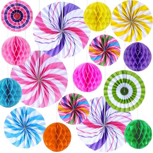Outus 21 Pcs Candyland Party Decorations Hanging Fans Pom Poms