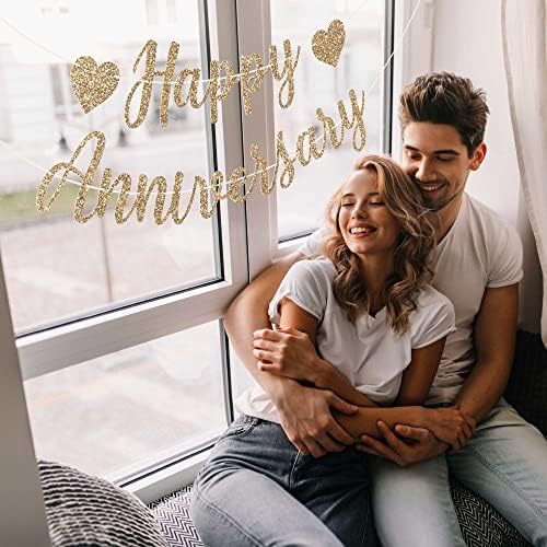 Pre-Strung Happy Anniversary Banner - Gold Glitter Wedding Decor