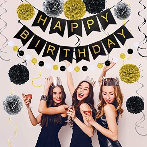 Black and Gold Happy Birthday Banner with Pom Poms and Garland