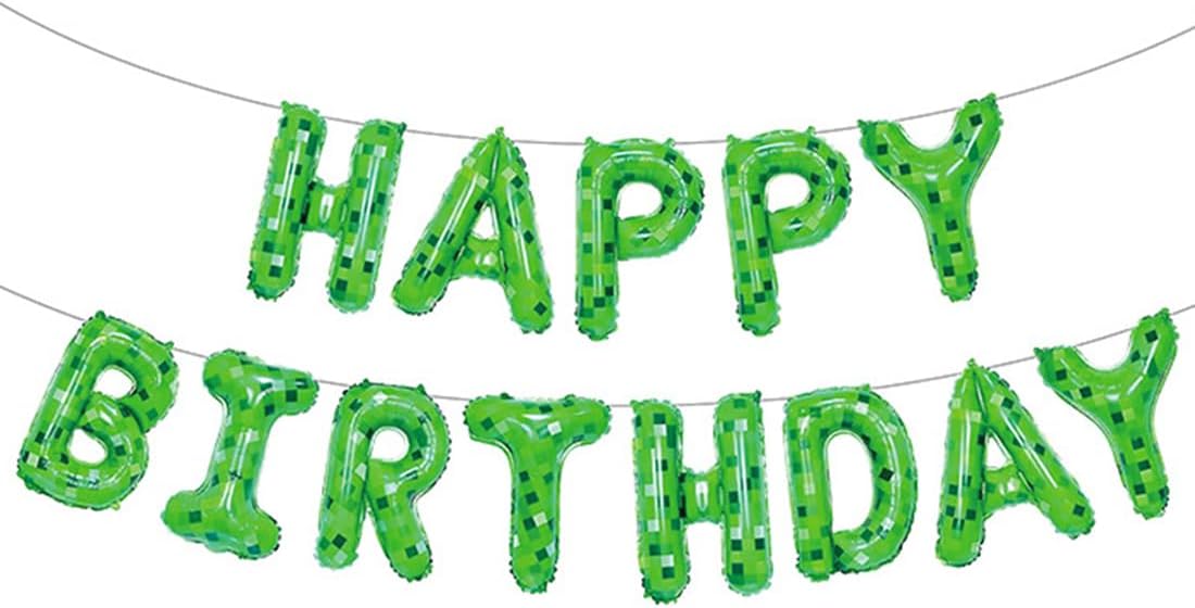 Green Pixel Happy Birthday Foil Balloons for Party Decor