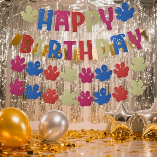 Dog Paw Birthday Banner with Letters and Cartoon Design