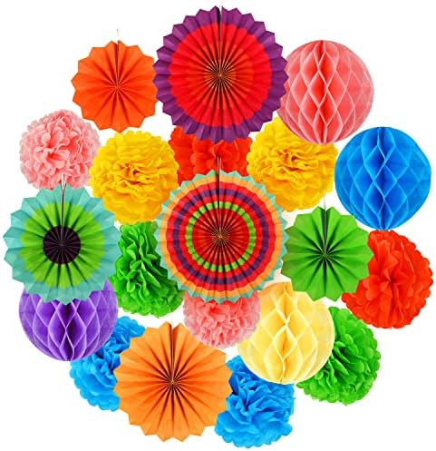 Koboome Rainbow Hanging Paper Fan Set with Pom Poms