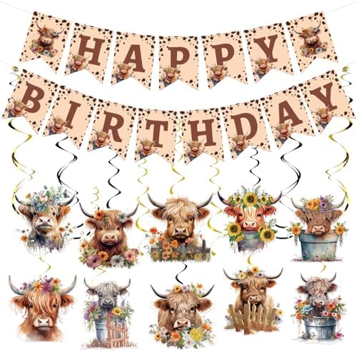 Highland Cow Birthday Decorations 16PCS Banners Hanging Swirls