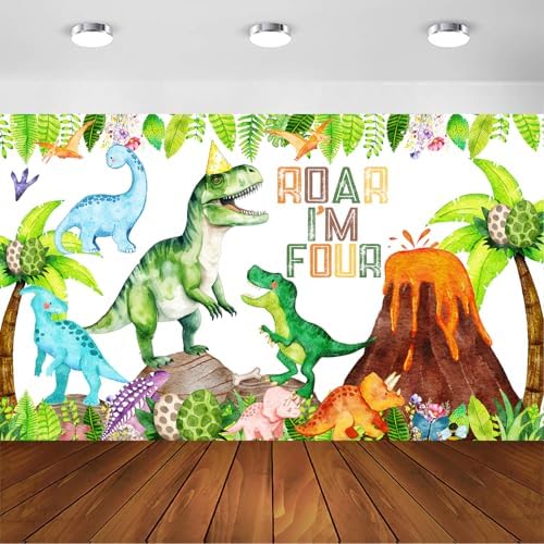 Dinosaur 4th Birthday Decorations Banner Backdrop
