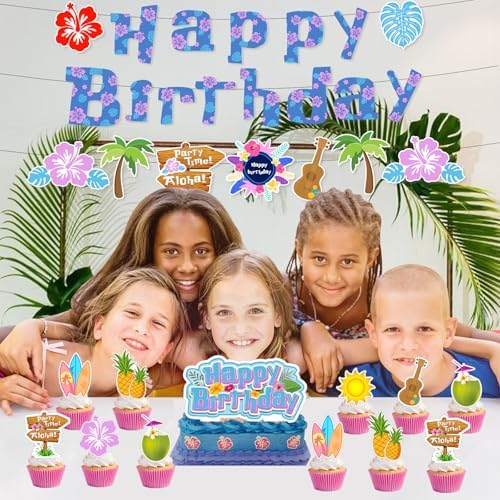 Hawaii Party Decor Kit with Birthday Banners and Cupcake Toppers