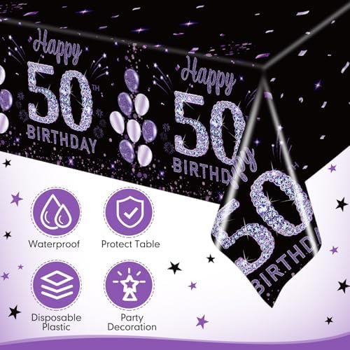 Ganeen 3 Pack Birthday Tablecloth Purple Black 50th Birthday Decorations
