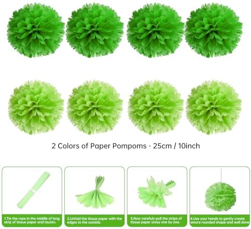 Green Party Decorations with Hanging Fan Pom Poms Garland Pennant