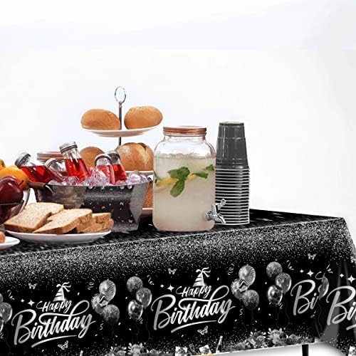 Happy Birthday Decorations 3pcs Silver Black Tablecloth