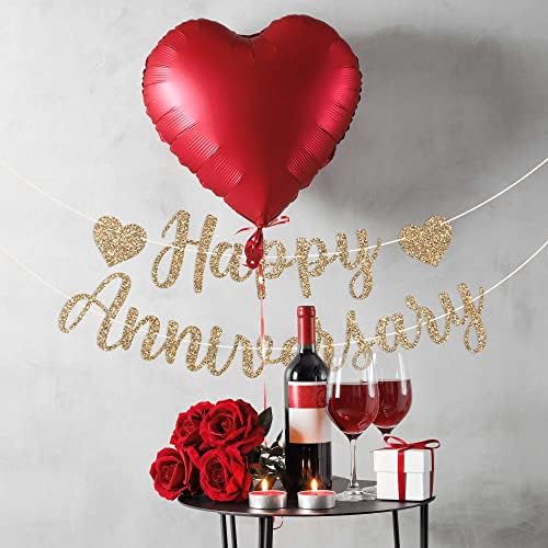 Pre-Strung Happy Anniversary Banner - Gold Glitter Wedding Decor