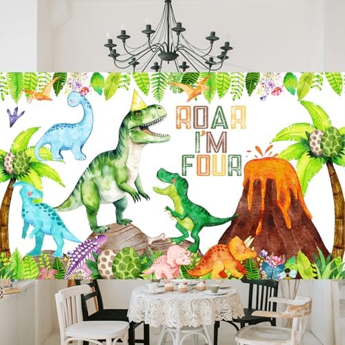 Dinosaur 4th Birthday Decorations Banner Backdrop