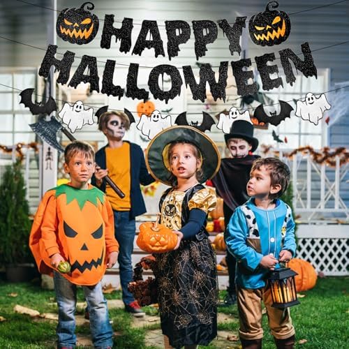 Black Glitter Happy Halloween Banner with Pumpkin Ghost Bat
