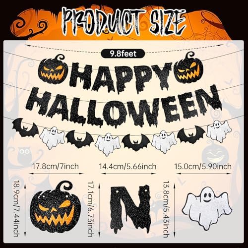 Black Glitter Happy Halloween Banner with Pumpkin Ghost Bat