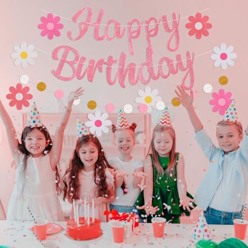 Pink Birthday Banner with Flowers and Garland