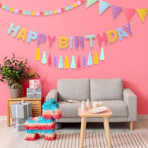 4 Pcs Felt Birthday Banner Set with Garland and Flags